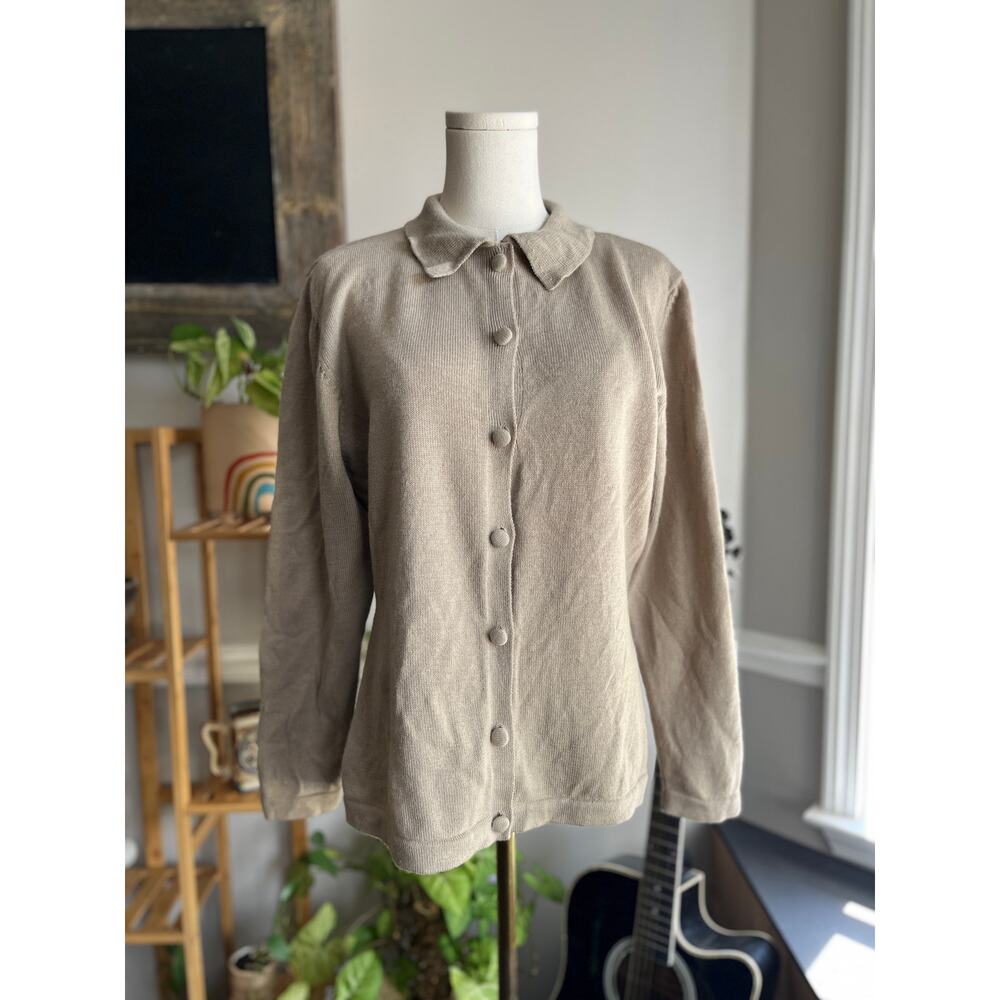 Vintage 90s Collared Cardigan Sweater Tan Wool Preppy Cottage Size Large